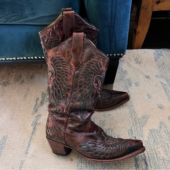 CORRAL Chestnut Turquoise Wing Fleur de Lis Snip Toe Cowgirl Boots Size 9.5 - Picture 2 of 13